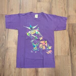 VTG Hummingbird Adult Medium Shirt Wild Cotton Purple Bright Floral Grandma 2002